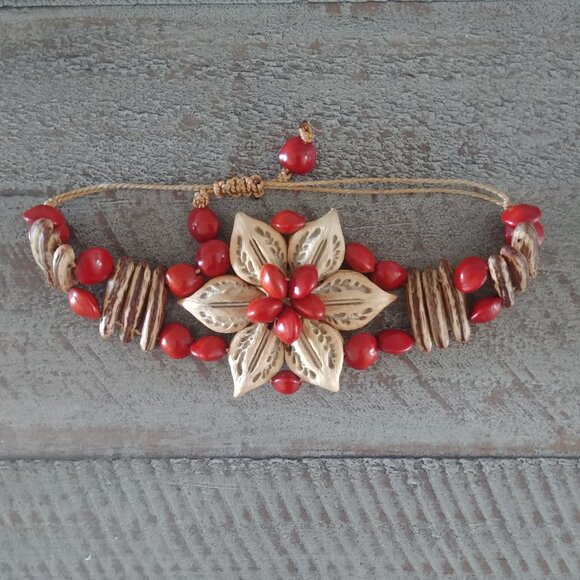 4/$20 Y2K wood and bead adjustable bracelet flower orange and brown - Picture 8 of 9